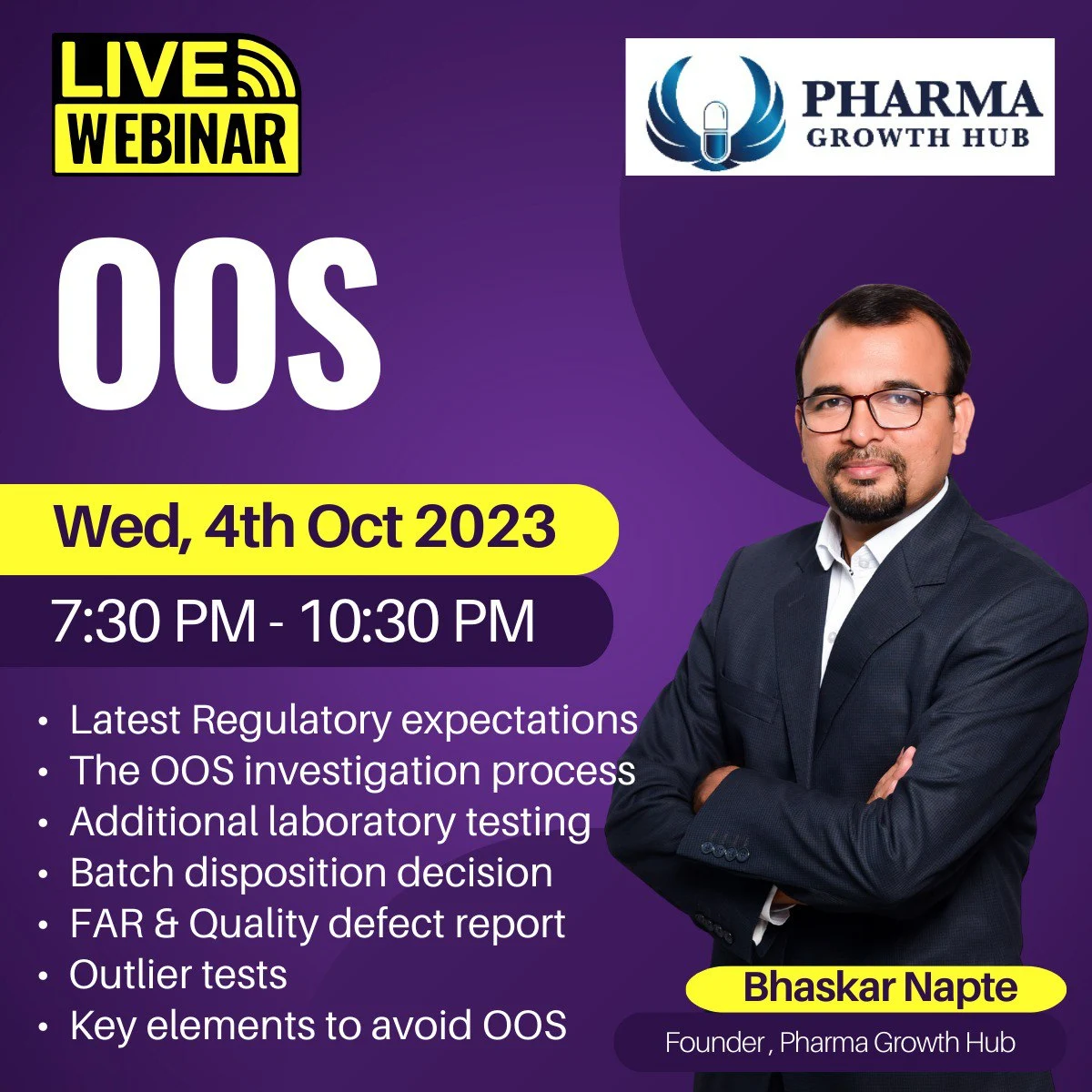 Online Workshop, Handling of OOS Results, USFDA, MHRA, Free Registration, Compliant Laboratory, OOS Investigation, Phase I, II, & III Investigation, Additional Laboratory Testing, Batch Disposition Decision, FAR (Failure Analysis Report), Quality Defect Report, Outlier Tests, Statistical Evaluation, Pharma Event, Online Webinar.